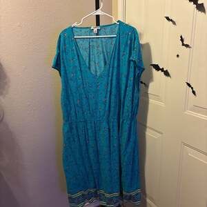 Old Navy Teal Floral V-Neck Sun Dress with Elastic Waist, Size 2X